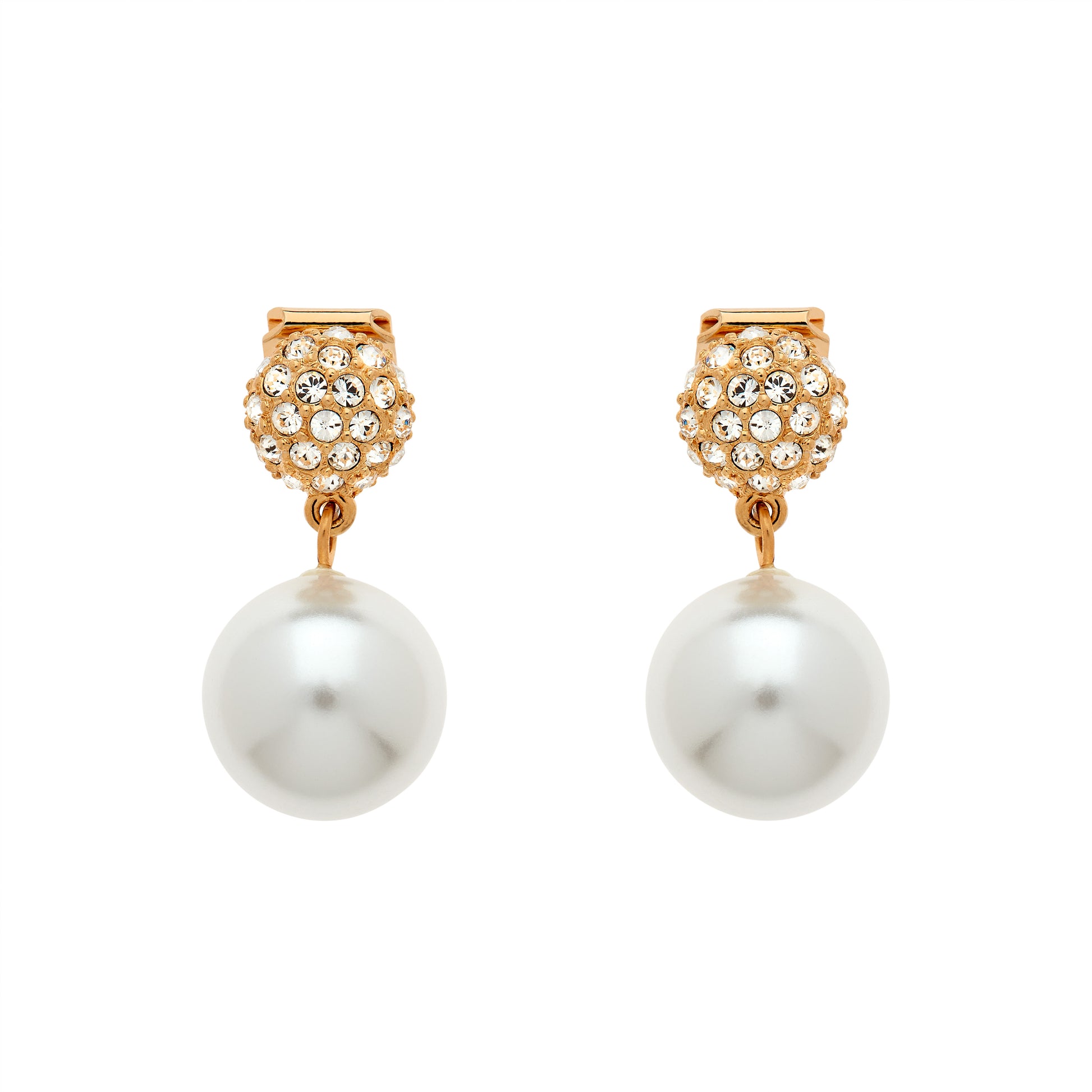A pair of clip earrings featuring gold plate with pave crystals and a large faux pearl.