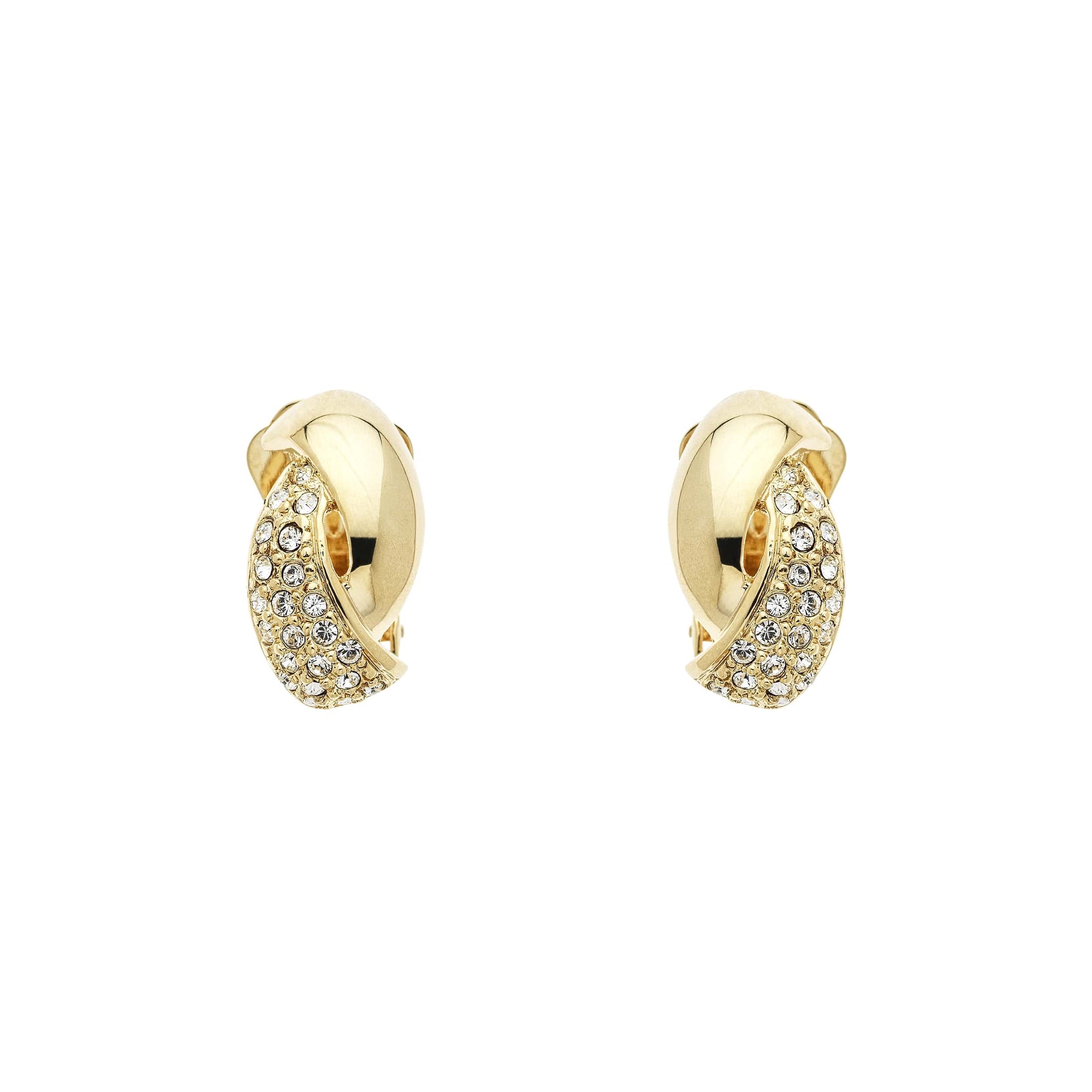 A pair of gold-colored clip-on earrings featuring a twist design with pave crystals.