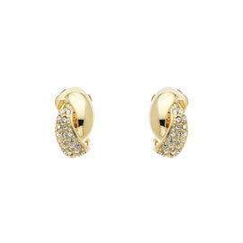 A pair of gold-colored clip-on earrings featuring a twist design with pave crystals.