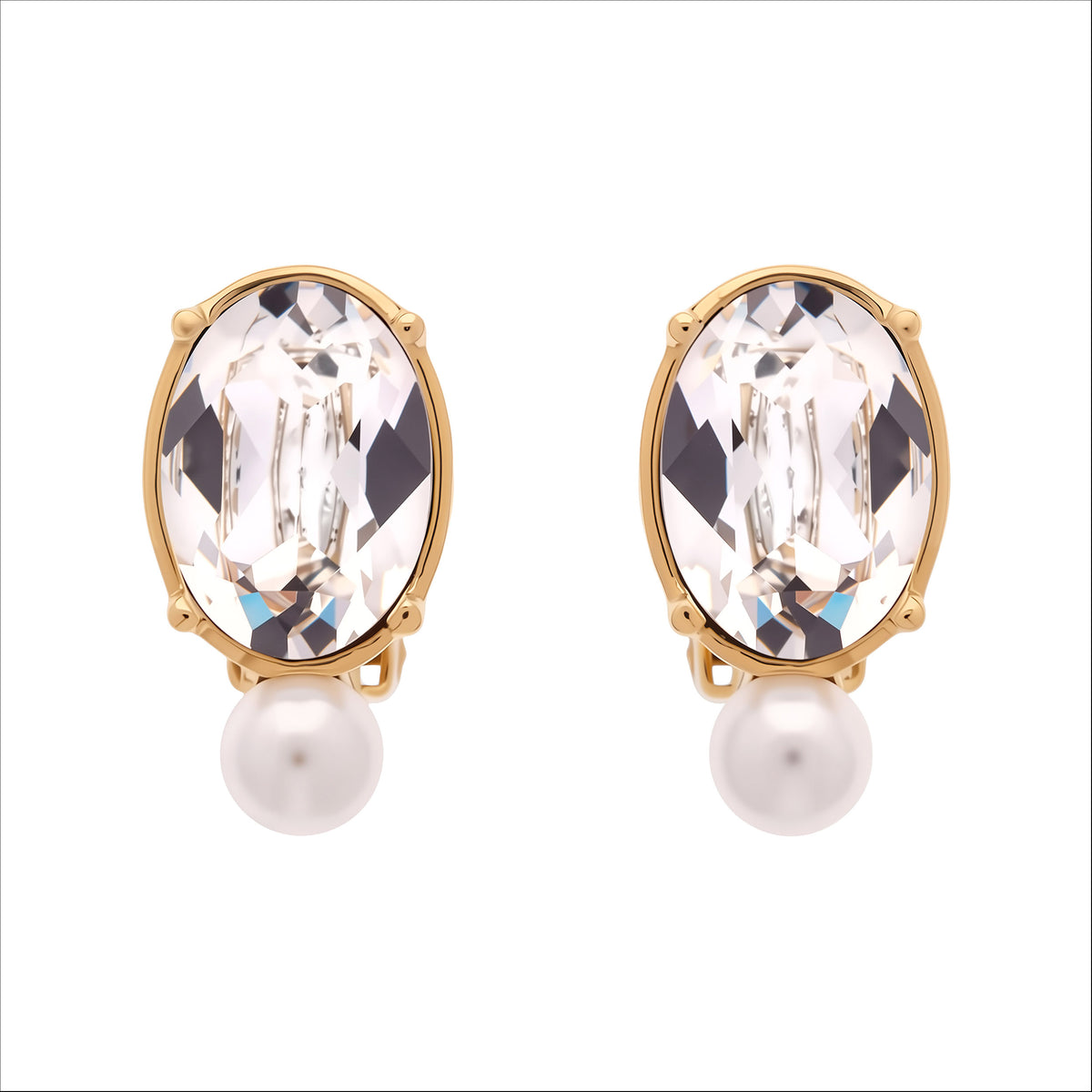 A pair of gold oval stud earrings featuring a large clear faceted crystal and a dangling white pearl, shown on a plain white background.