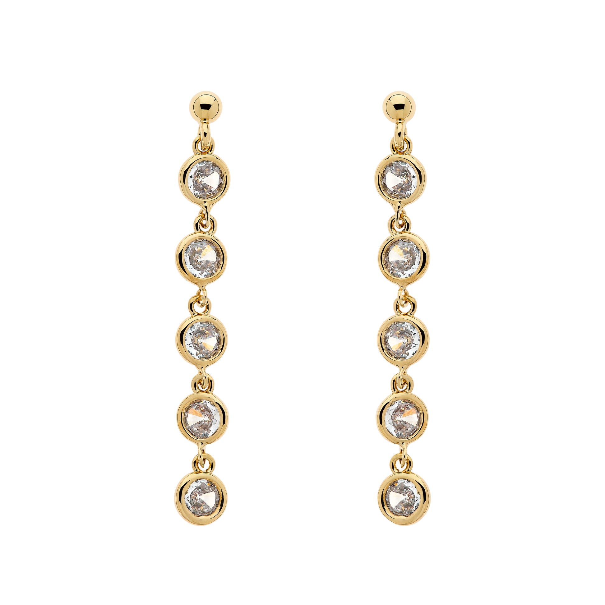 Gold earrings with multiple round gemstones on a white background