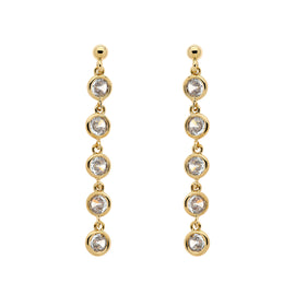 Gold earrings with multiple round gemstones on a white background