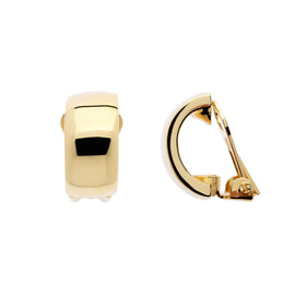 A pair of gold clip-on earrings with a curved design.