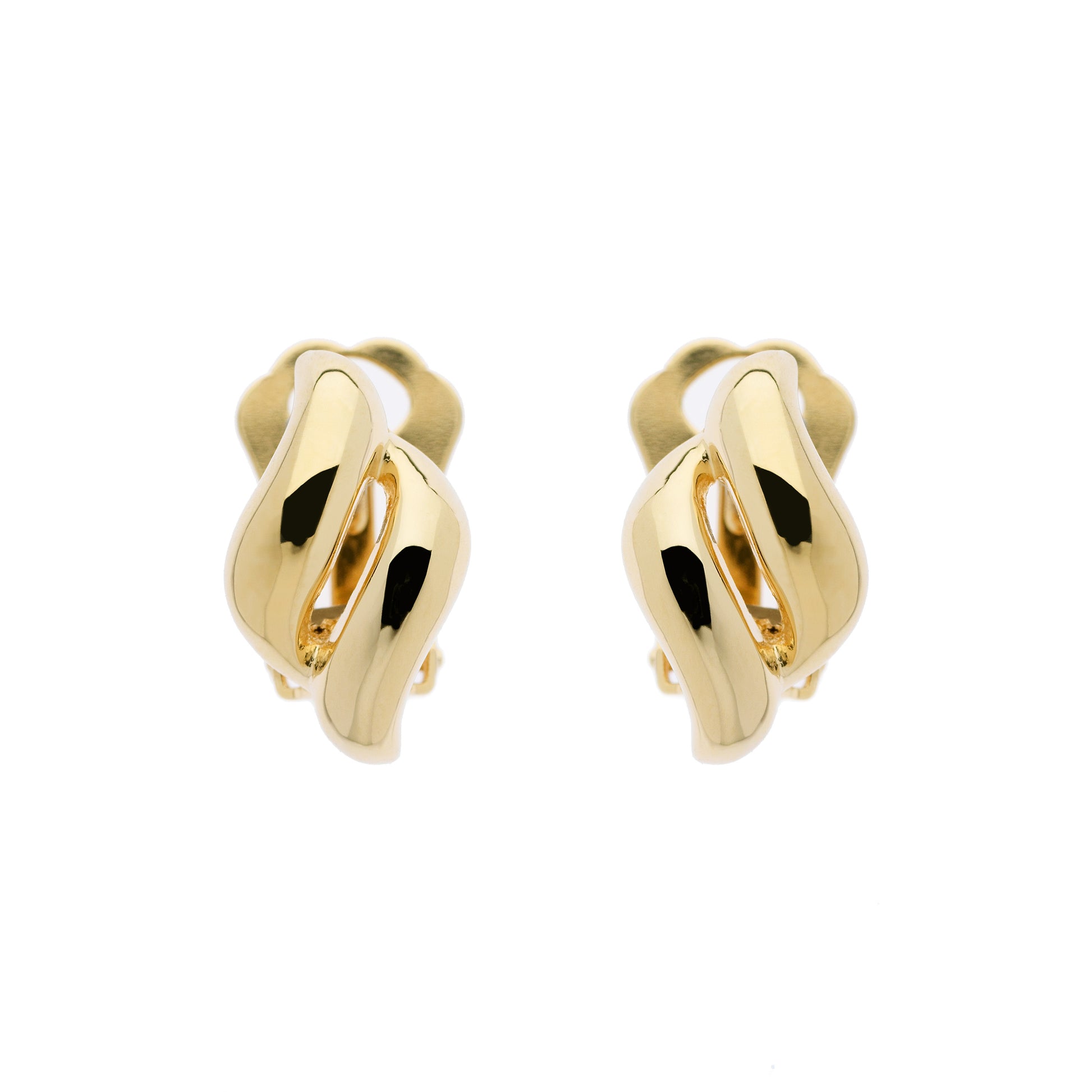 A pair of gold-colored clip earrings in a diamond shape, displayed against a white background.