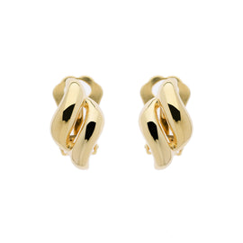 A pair of gold-colored clip earrings in a diamond shape, displayed against a white background.