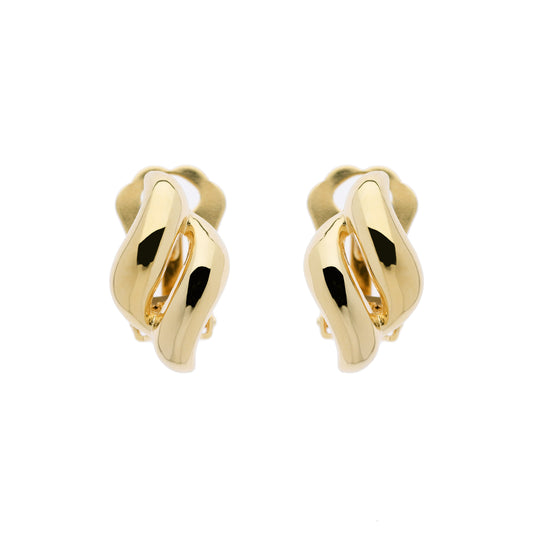 A pair of gold-colored clip earrings in a diamond shape, displayed against a white background.