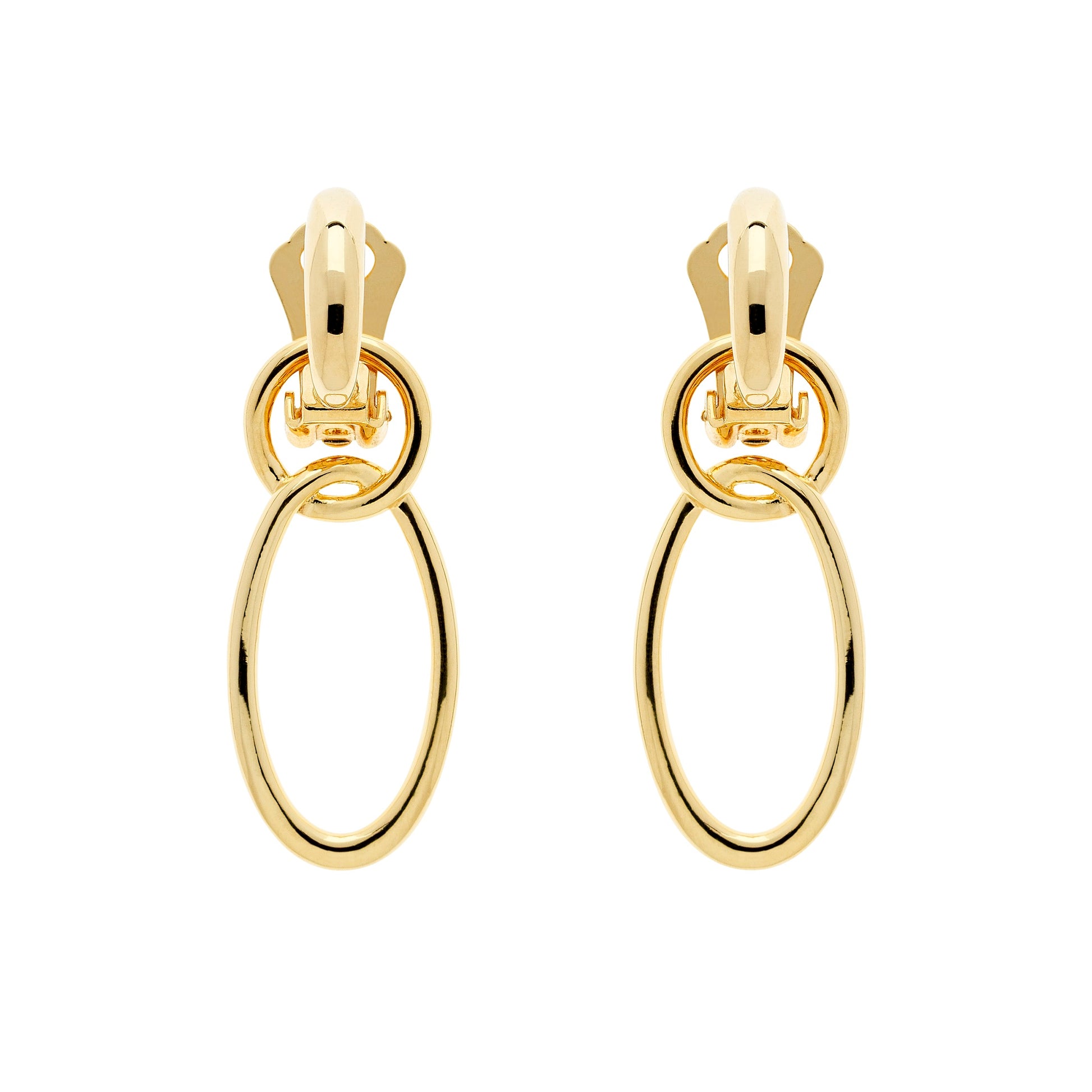 A pair of gold double hoop clip earrings on a white background