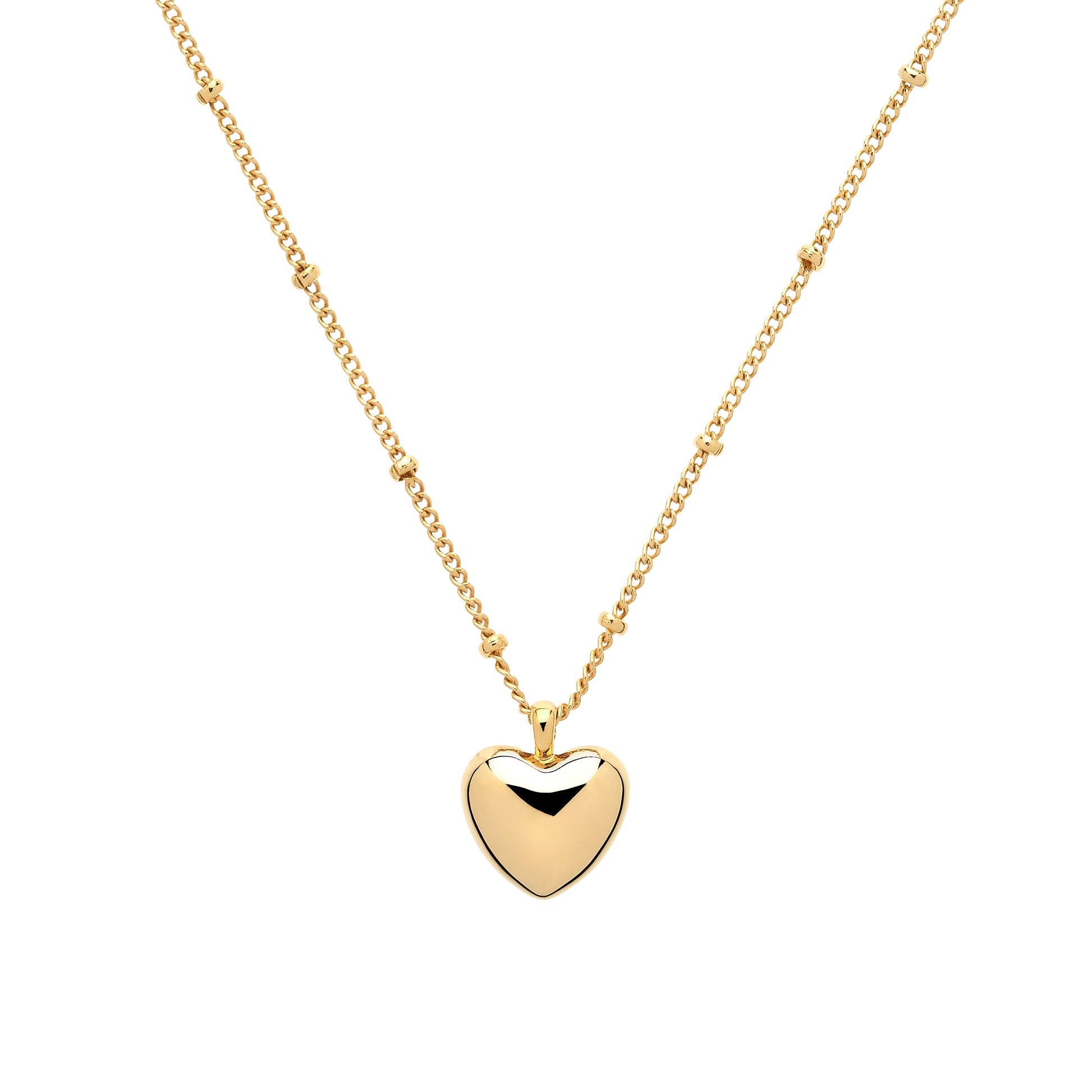 Gold heart-shaped pendant necklace on a white background