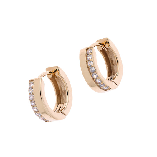 A pair of gold-plated hoop earrings with a row of hand-set sparkling crystals.