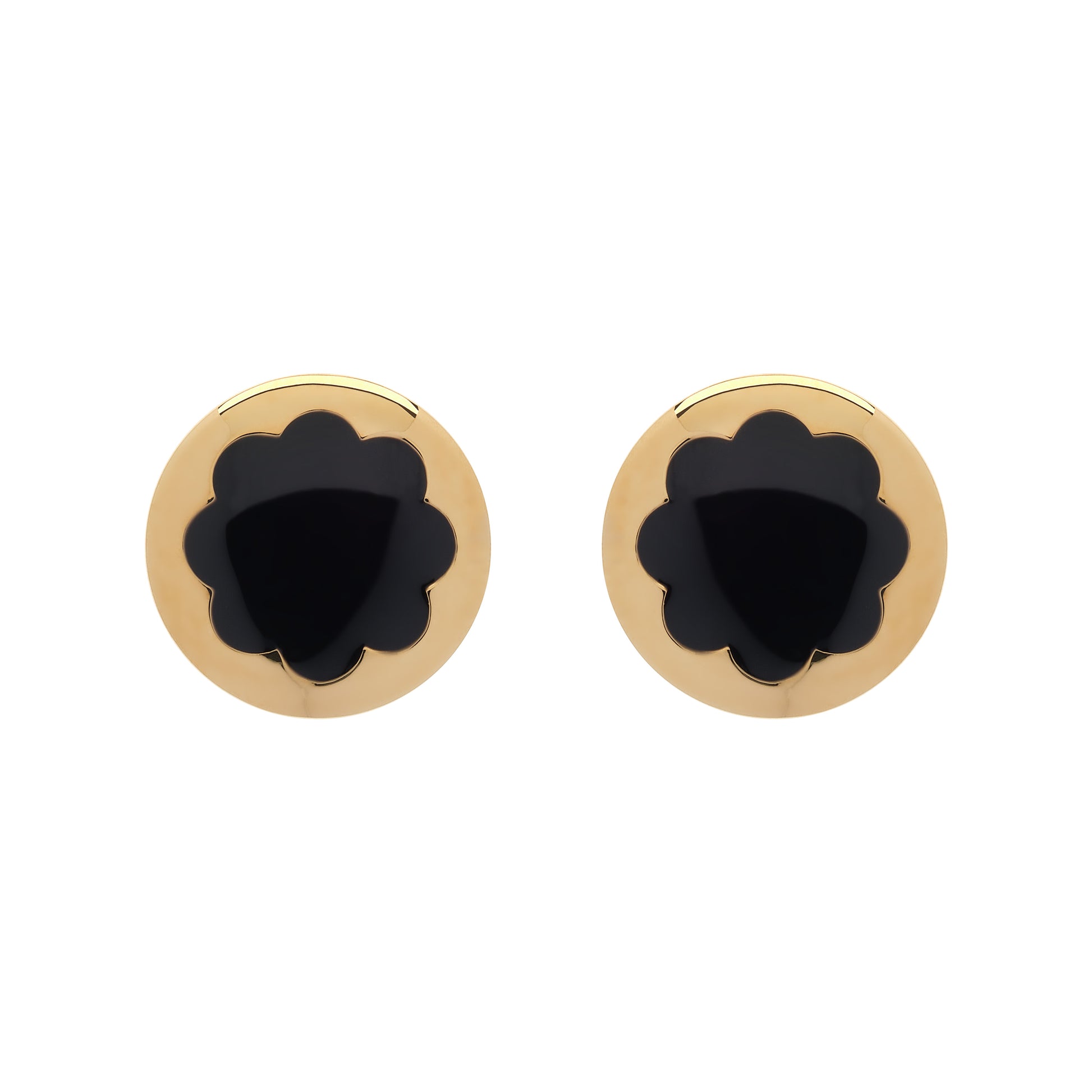 Pair of gold earrings with black center on a white background