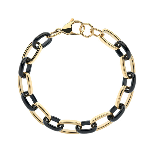 Gold and black chain bracelet on a white background