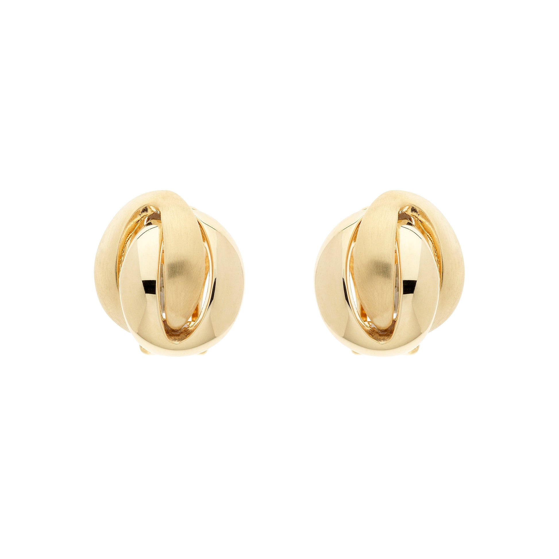 A pair of gold knot clip earrings with a polished finish.
