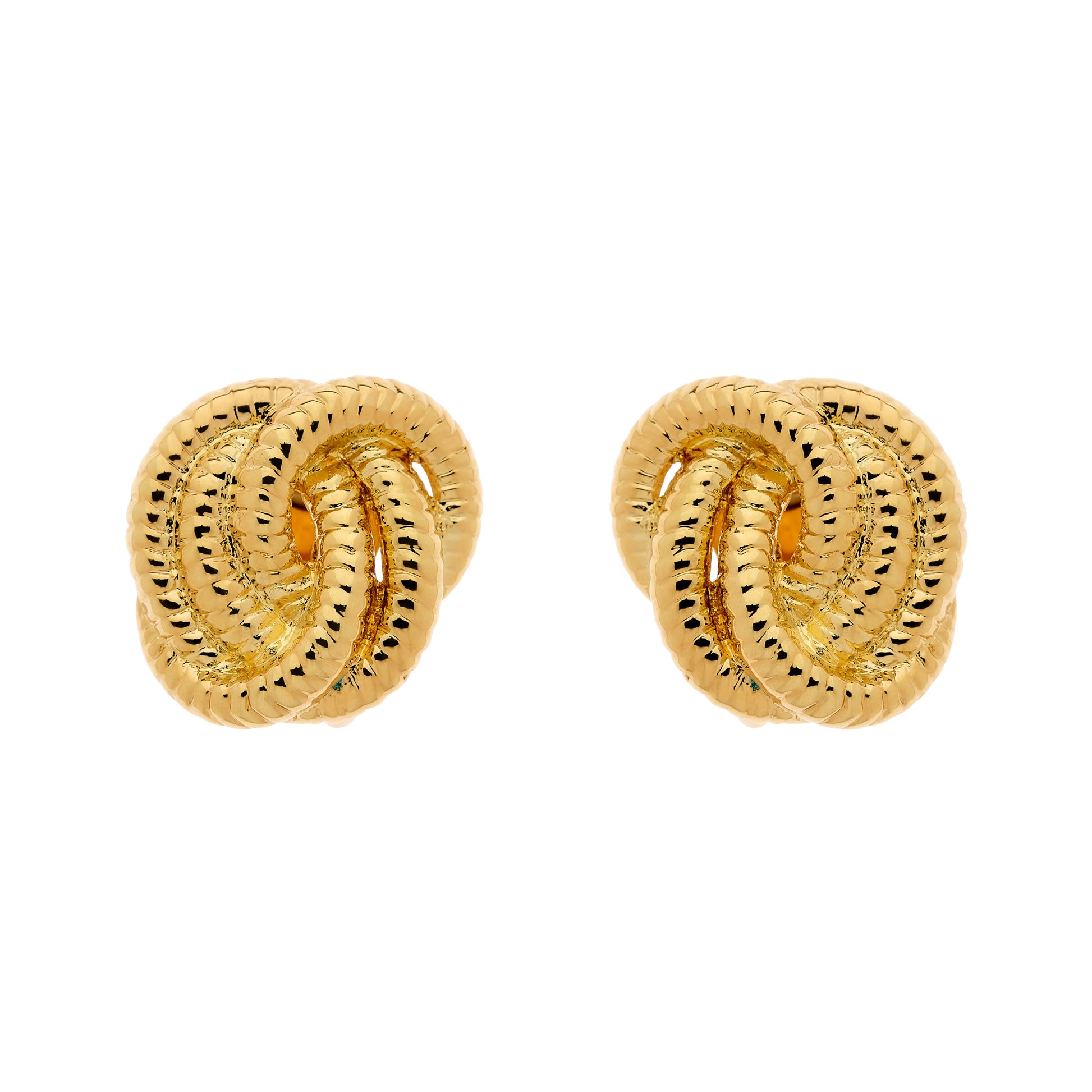 A pair of gold knot clip earrings with a textured finish.