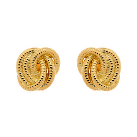 A pair of gold knot clip earrings with a textured finish.