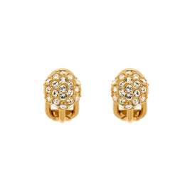 A pair of gold-colored clip-on earrings with crystal embellishments.