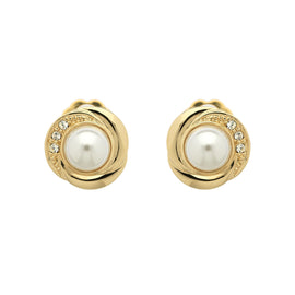A pair of gold-plated clip earrings featuring white faux pearls and a trio of sparkling crystals.