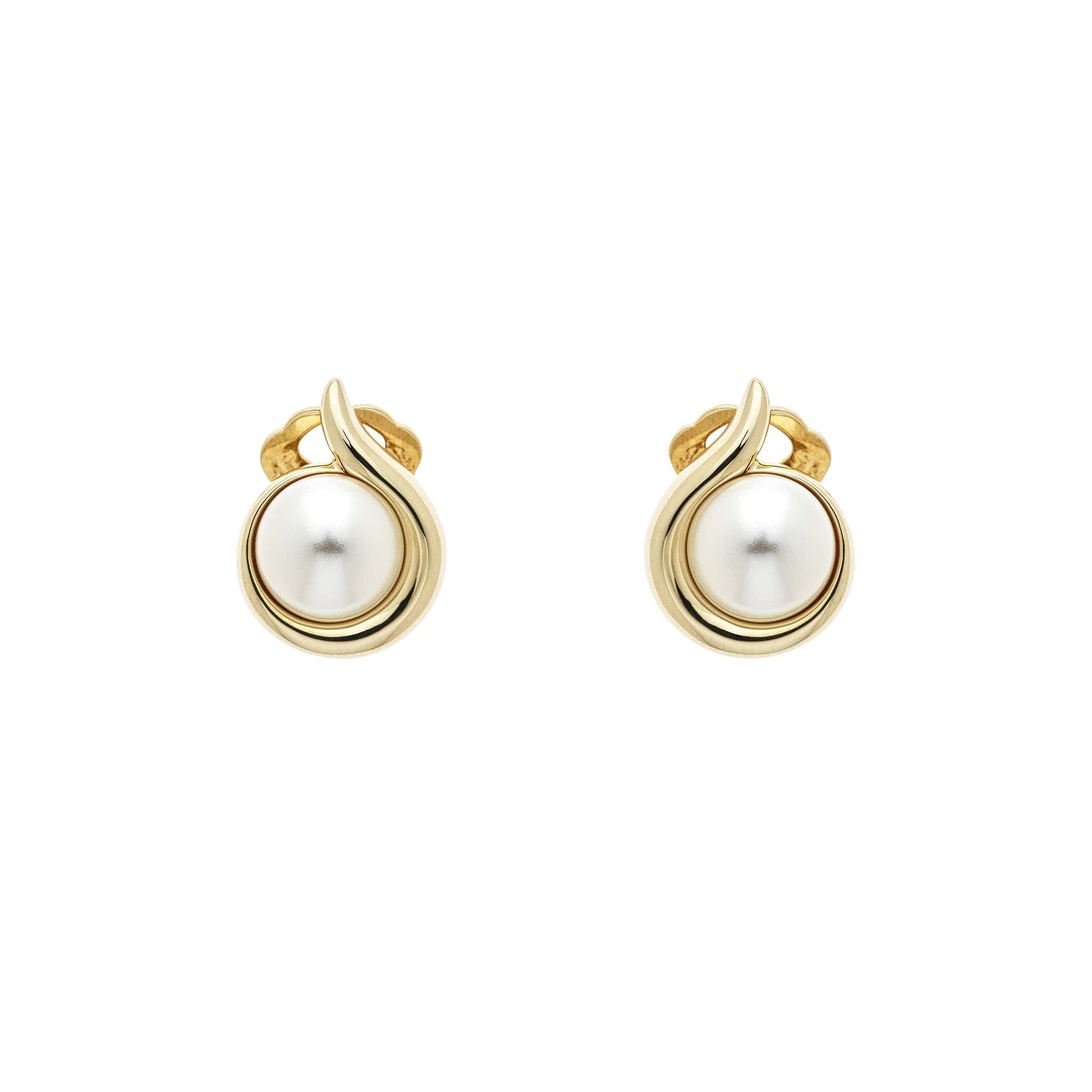 A pair of gold-colored clip-on earrings featuring a pearl design.