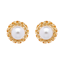A pair of clip-on earrings featuring a gold-plated chain surrounding a pearl-like element, designed as a fashion accessory.