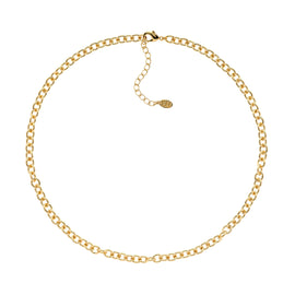 A gold plated chain necklace with a length of 42cm, featuring a glossy finish and a lobster clasp fastening.