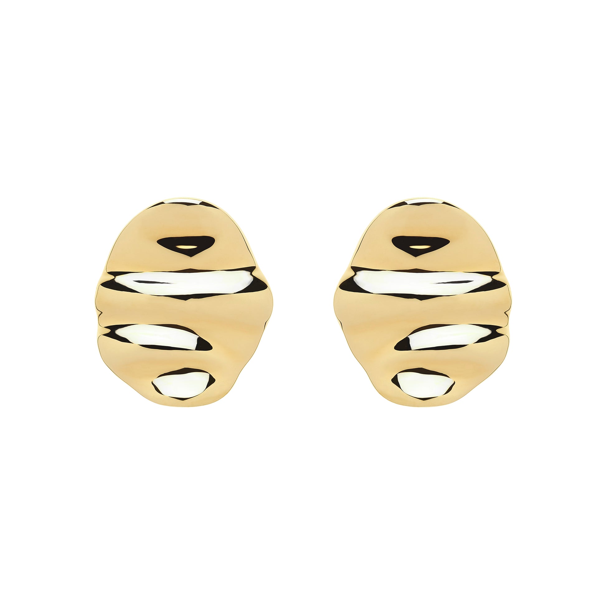 A pair of gold ripple design clip earrings on a white background.