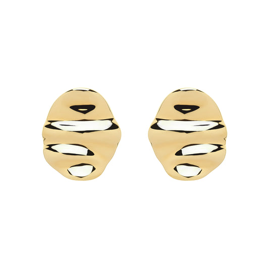 A pair of gold ripple design clip earrings on a white background.