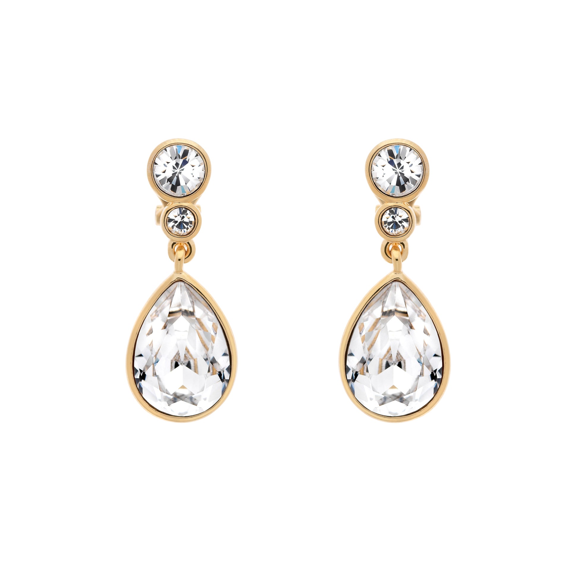 A pair of gold clip-on earrings featuring a teardrop-shaped crystal pendant with smaller crystals around the top part of the design.