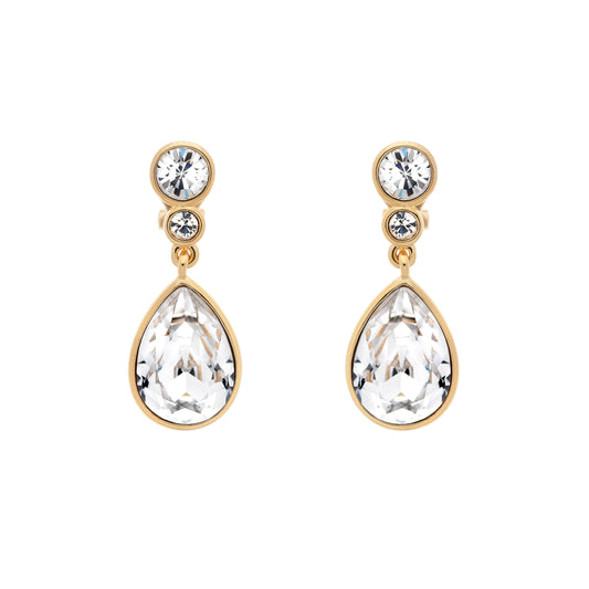 A pair of gold clip-on earrings featuring a teardrop-shaped crystal pendant with smaller crystals around the top part of the design.