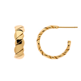 A pair of gold-plated hoop earrings with a twist design, intended for pierced ears.