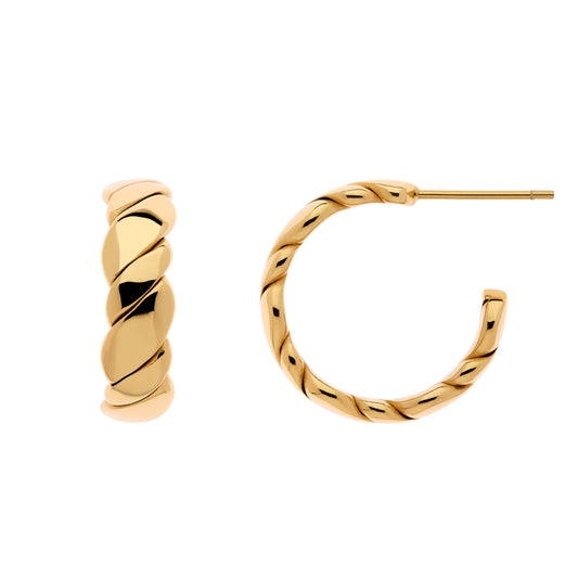 A pair of gold-plated hoop earrings with a twist design, intended for pierced ears.