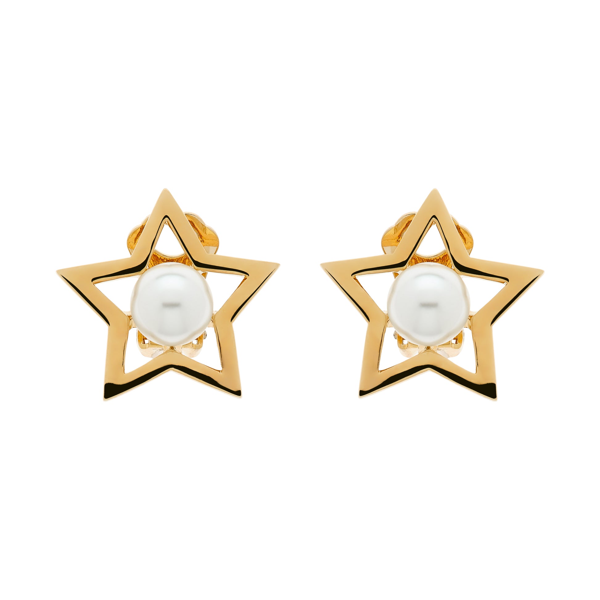 A pair of gold-plated star clip earrings with faux pearl accents, presented against a white background.
