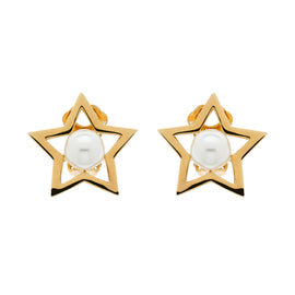 A pair of gold-plated star clip earrings with faux pearl accents, presented against a white background.