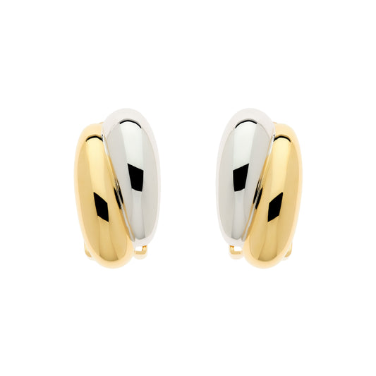 A pair of clip earrings featuring a gold and platinum plating with a curved design.