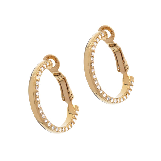 Gold hoop earrings with small diamonds on a white background