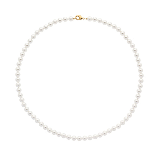 Pearl necklace with a gold clasp on a white background