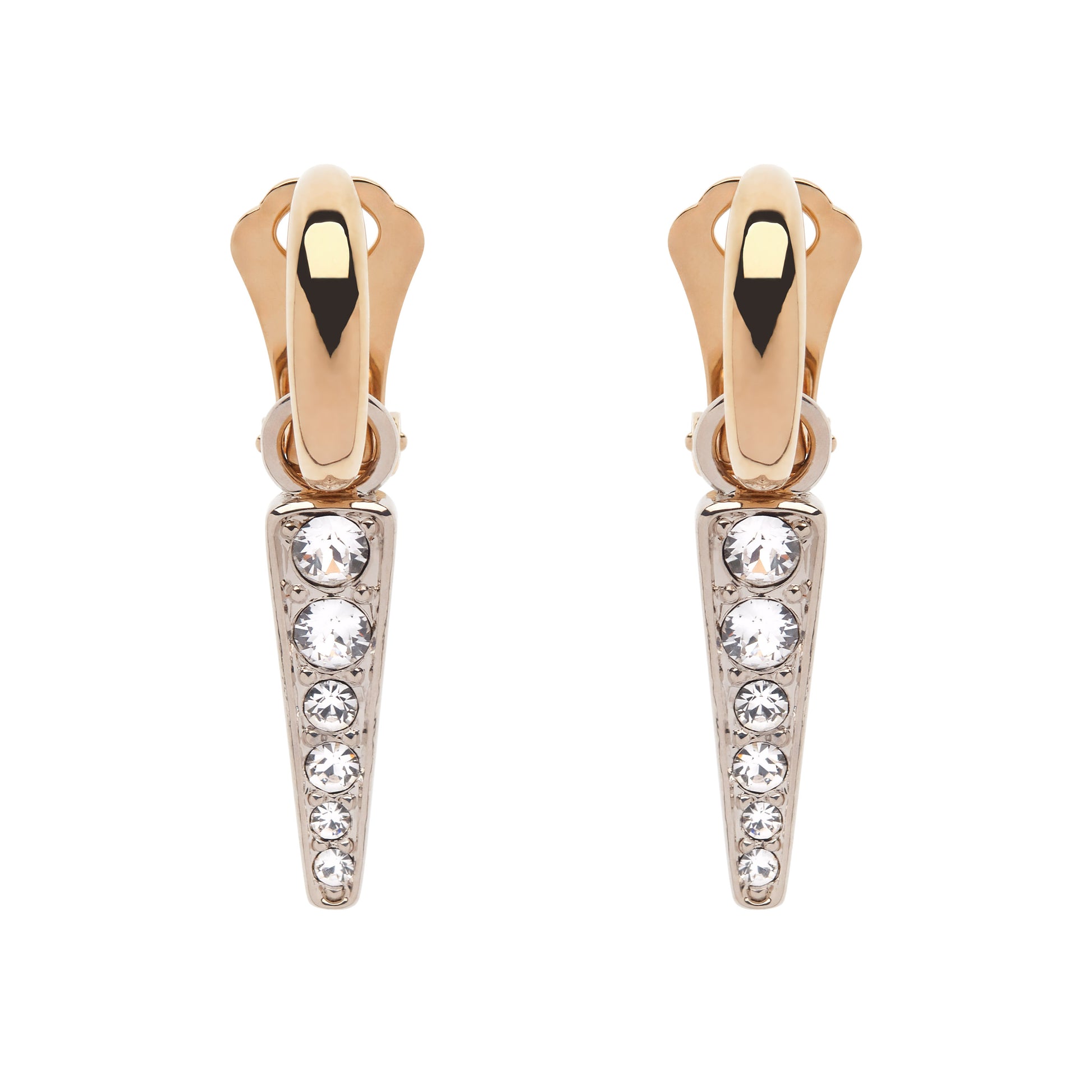 Gold earrings with crystal accents on a white background