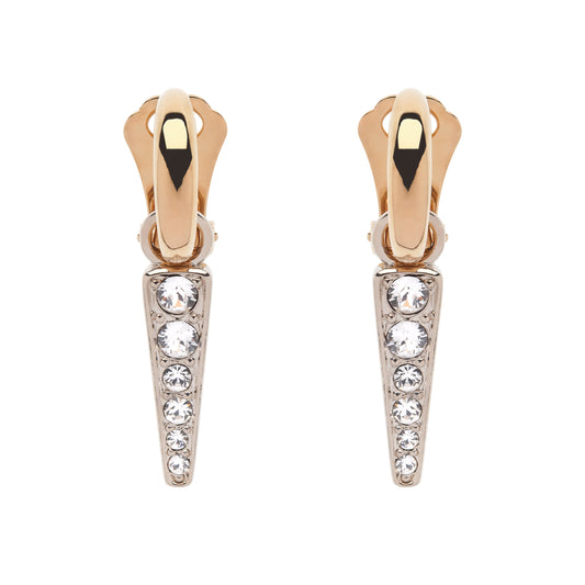 Gold earrings with crystal accents on a white background