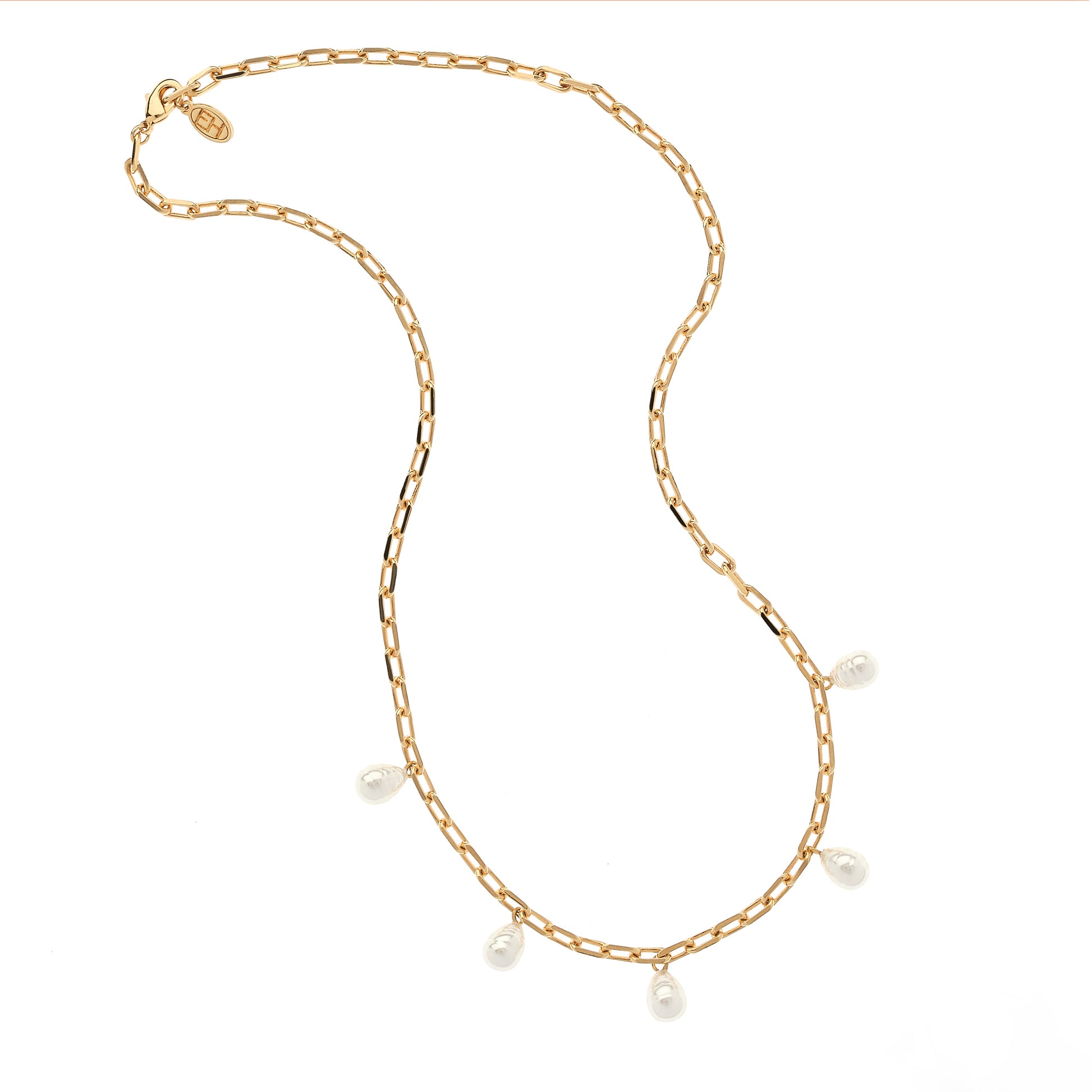 Gold chain necklace with pearls on a white background
