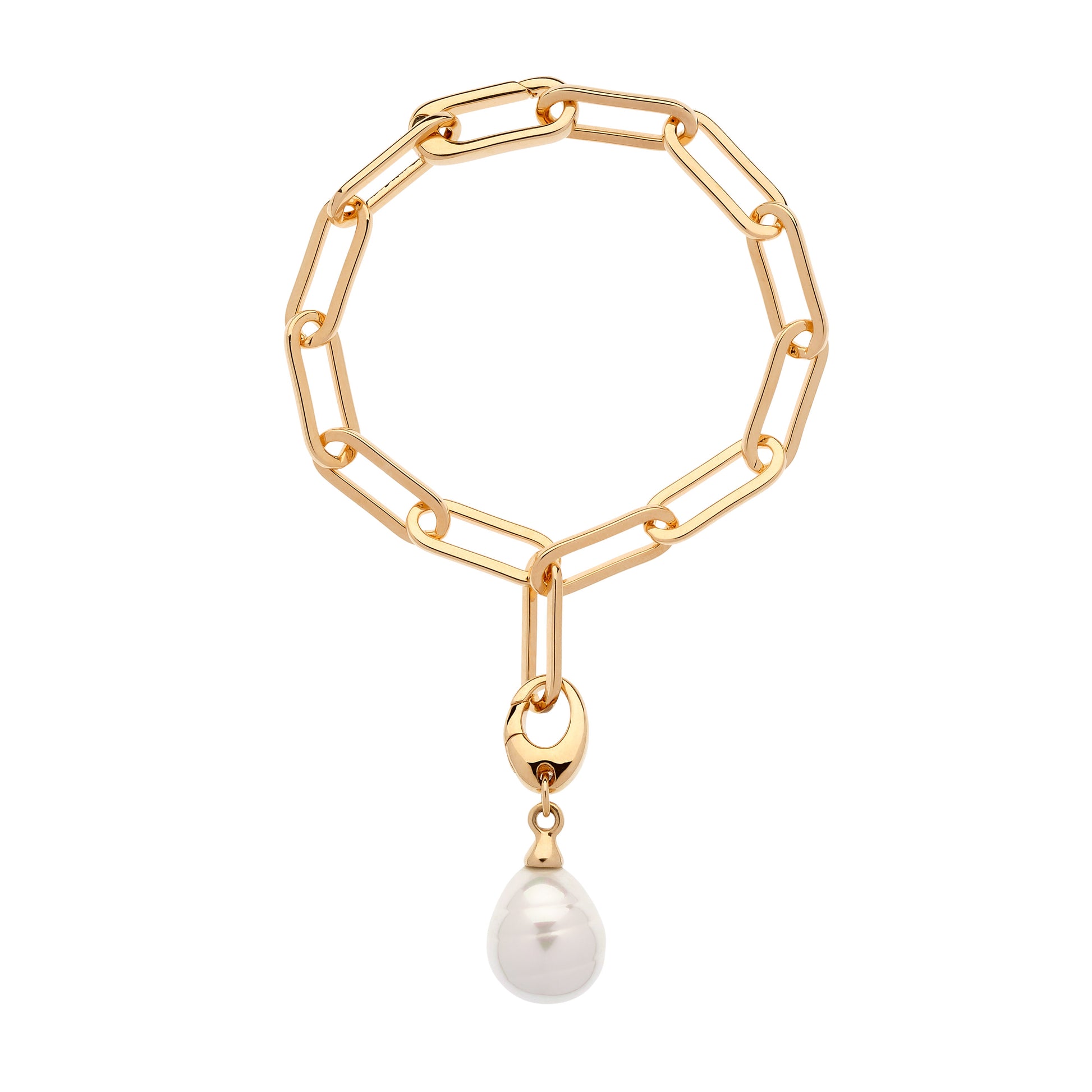 Gold chain bracelet with a pearl pendant on a white background