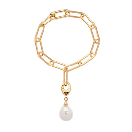 Gold chain bracelet with a pearl pendant on a white background