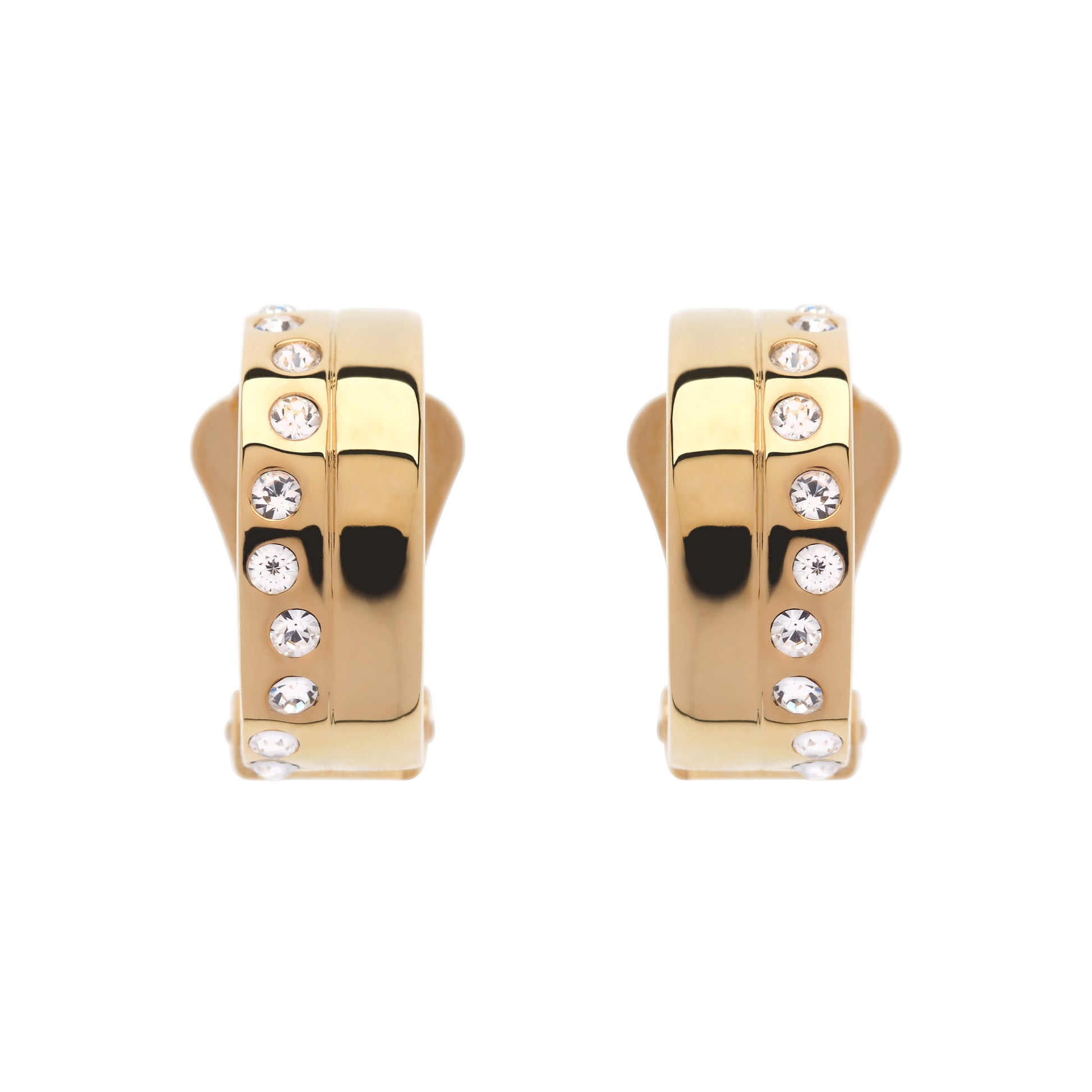 Gold hoop earrings with embedded crystals on a white background