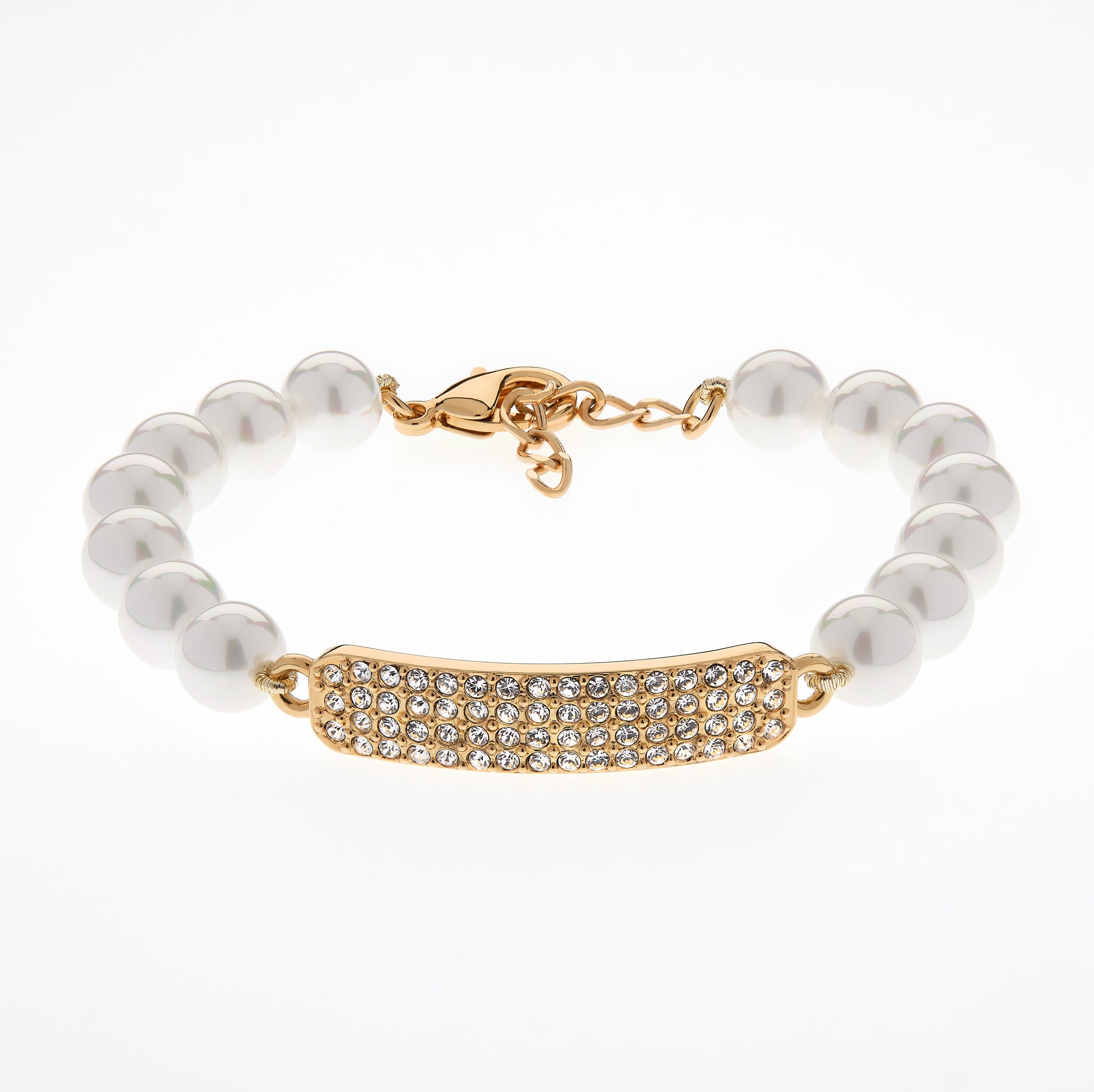 Pearl bracelet with a gold clasp and decorative bar on a white background