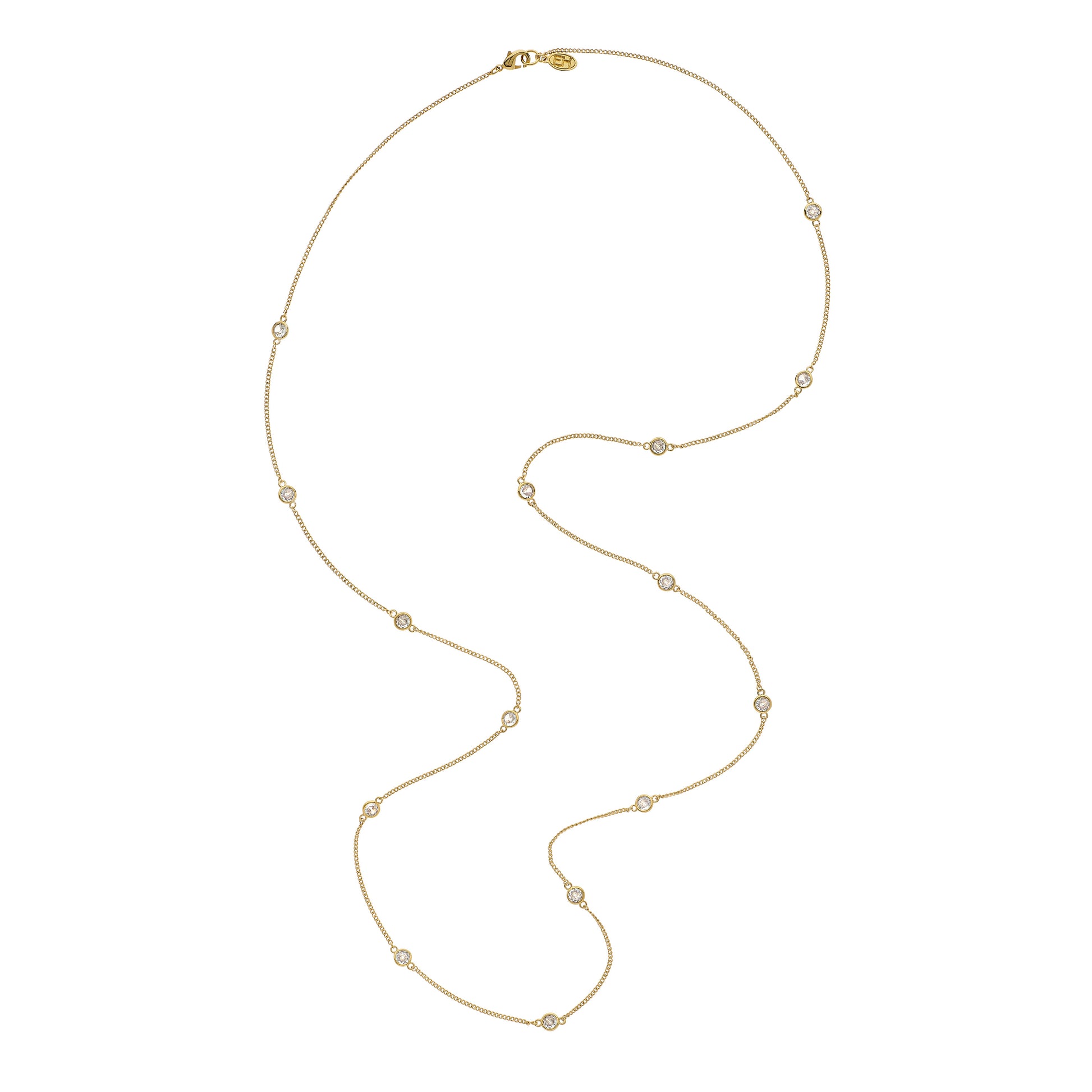 Gold necklace with small beads on a white background