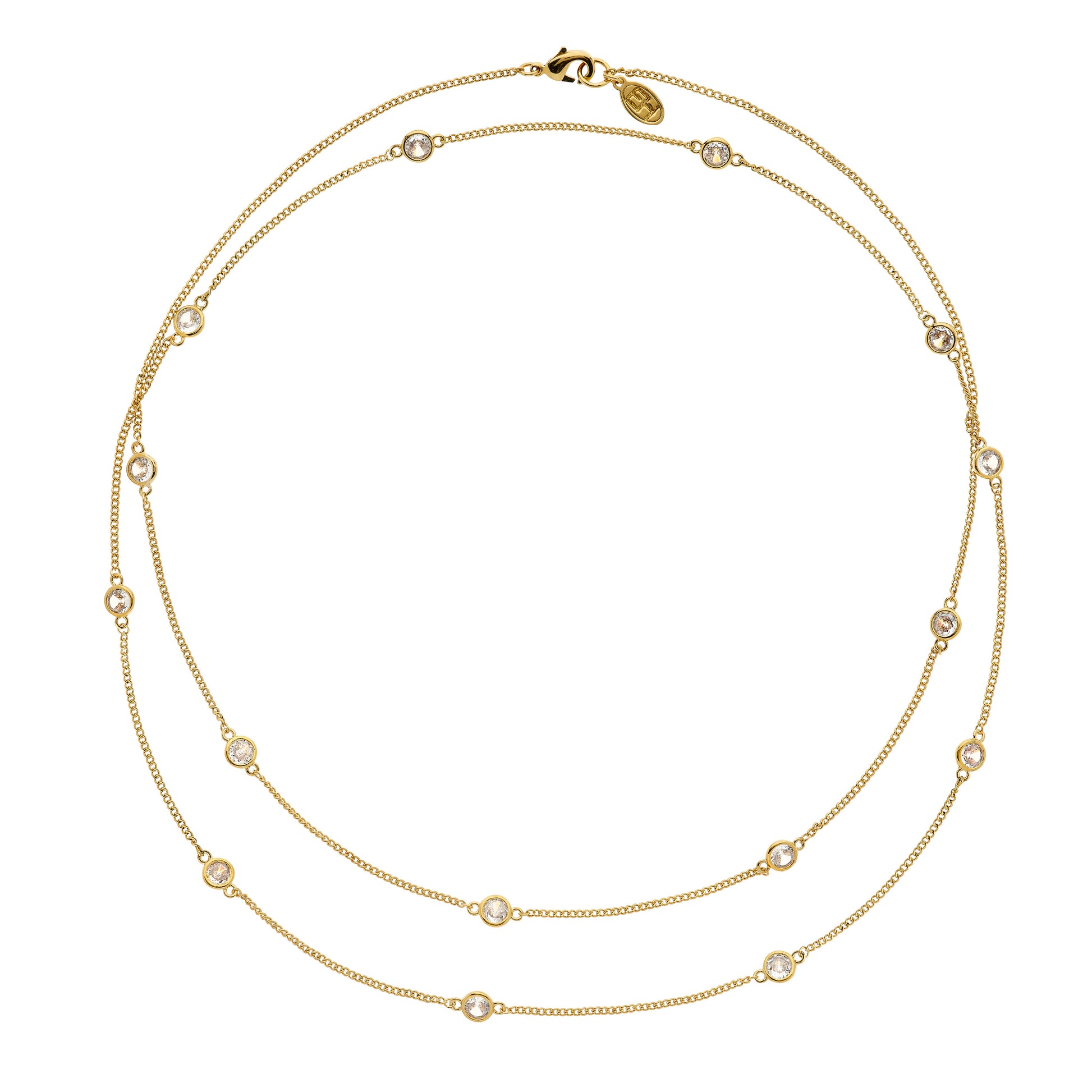 Gold necklace with small cz stone crystals on a white background