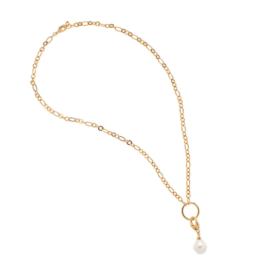 Gold chain necklace with a pearl pendant on a white background