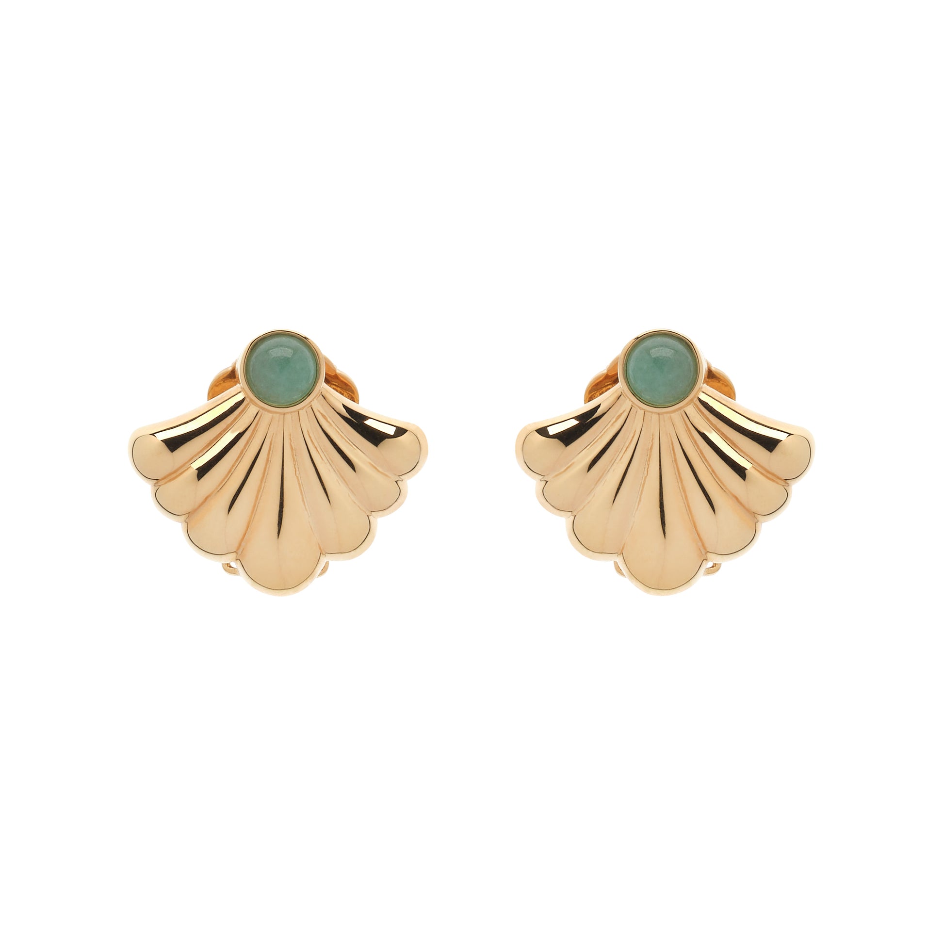 Gold shell-shaped earrings with green gemstones on a white background