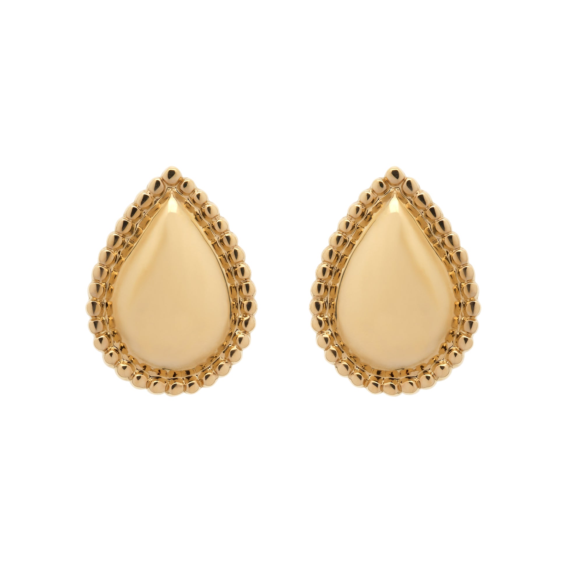 Gold teardrop earrings on a white background
