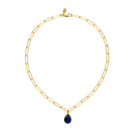 A gold-plated chain necklace with a single indigo pearl crystal pendant.