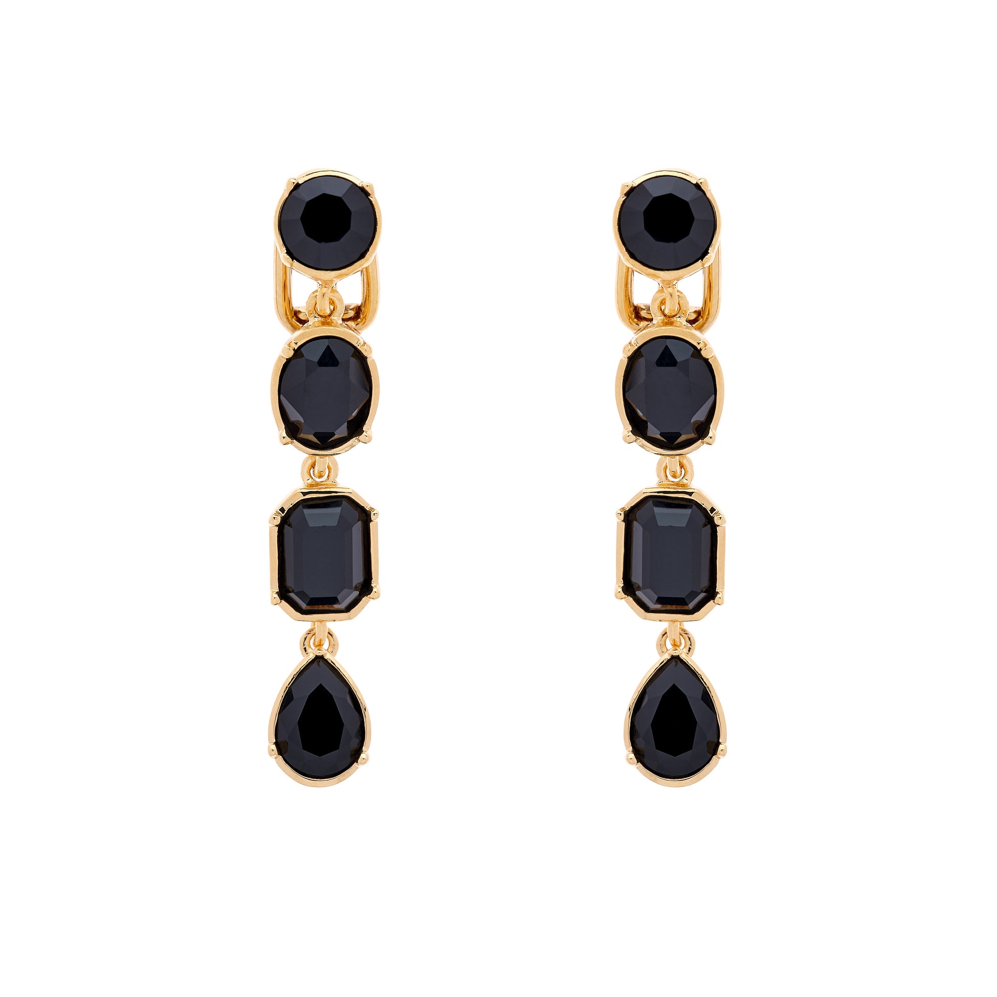 A pair of clip-on earrings featuring multiple cut jet crystals set in gold plating.
