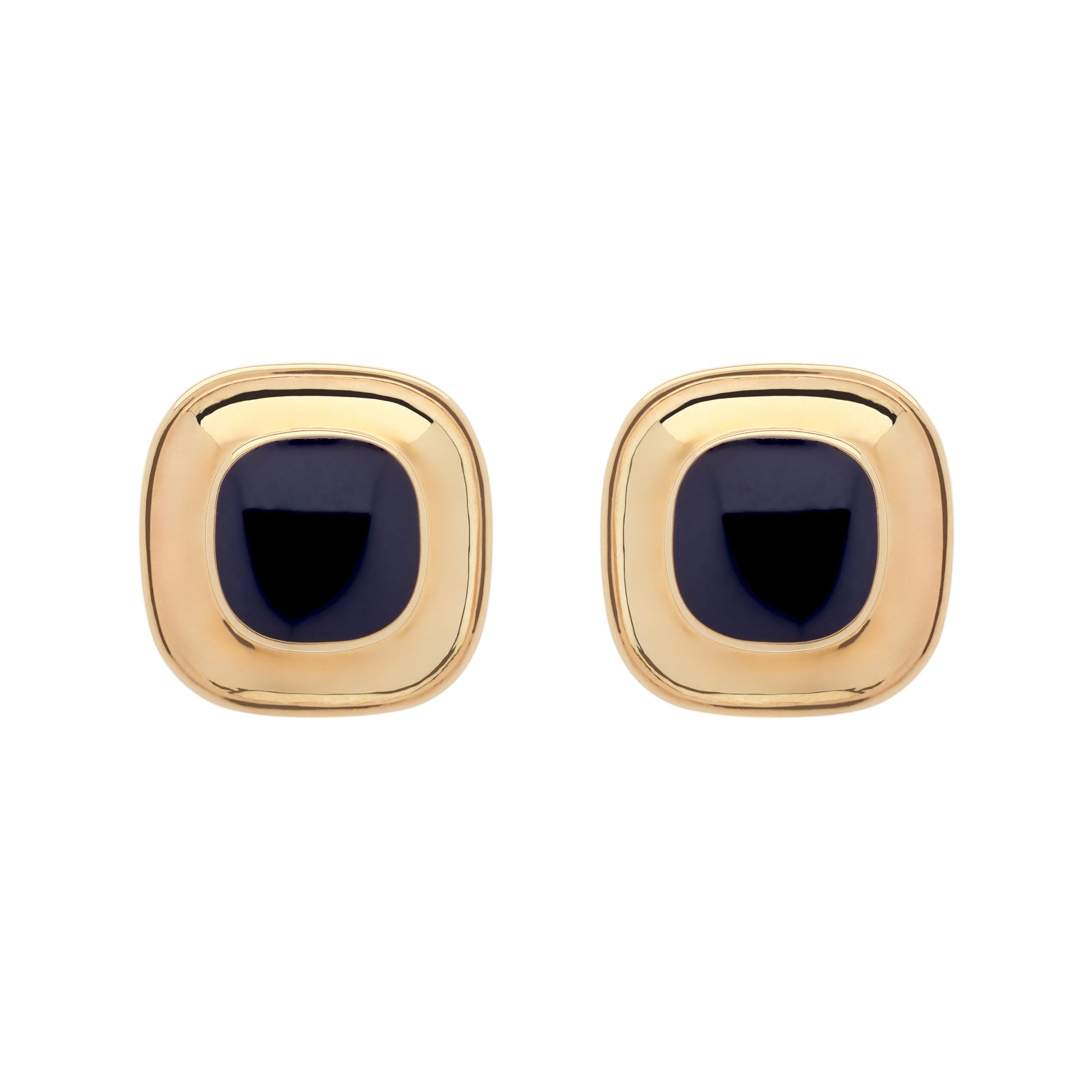 Gold square earrings with dark gemstones on a white background