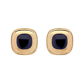 Gold square earrings with dark gemstones on a white background